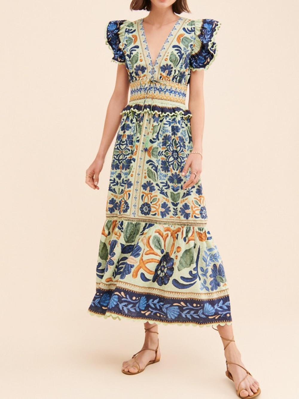 FARM Rio Ocean Tapestry Dress Embroidered Floral Mint Maxi - Picture 3 of 16